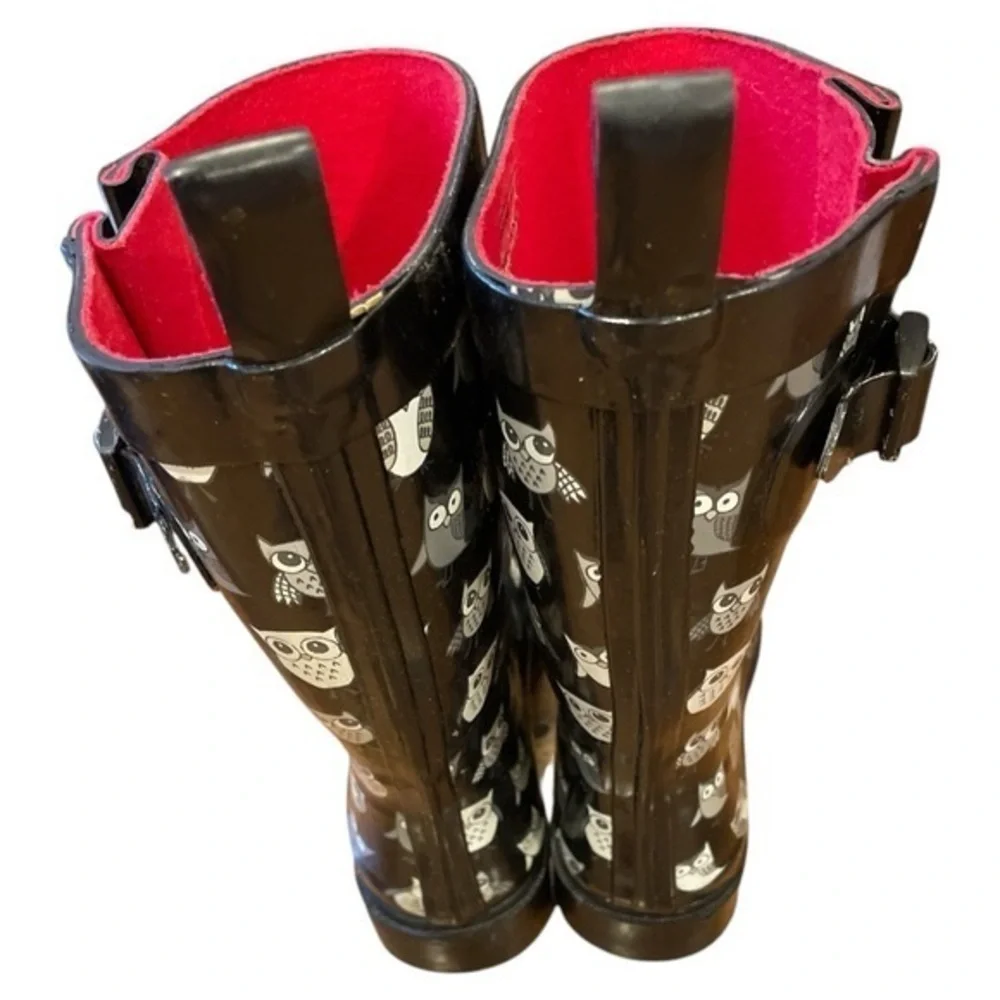 Capelli of New York Women’s Owl Graphic Rain‎ Boots Black White Sz 6 Whimsigoth